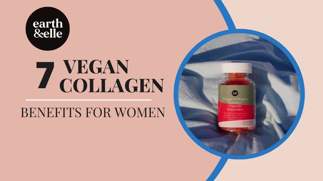 Earth & Elle Vegan Collagen Booster Gummies for women displayed on soft blue fabric, highlighting 7 collagen benefits such as gut health, skin glow, and lean muscle support — plant-based supplement with vitamins C, A, and biotin for beauty and wellness.