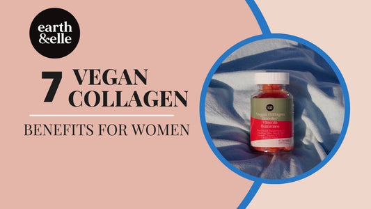 Earth & Elle Vegan Collagen Booster Gummies for women displayed on soft blue fabric, highlighting 7 collagen benefits such as gut health, skin glow, and lean muscle support — plant-based supplement with vitamins C, A, and biotin for beauty and wellness.