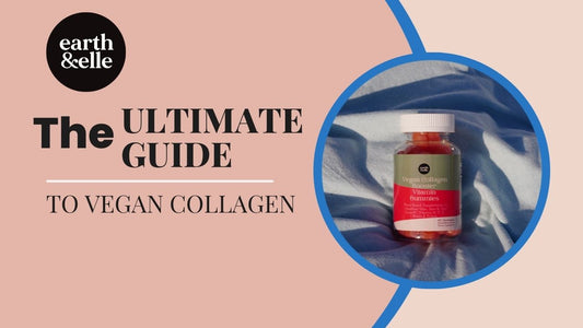 Earth & Elle Vegan Collagen Booster Gummies for women displayed on soft blue fabric, highlighting 7 collagen benefits such as gut health, skin glow, and lean muscle support — plant-based supplement with vitamins C, A, and biotin for beauty and wellness.