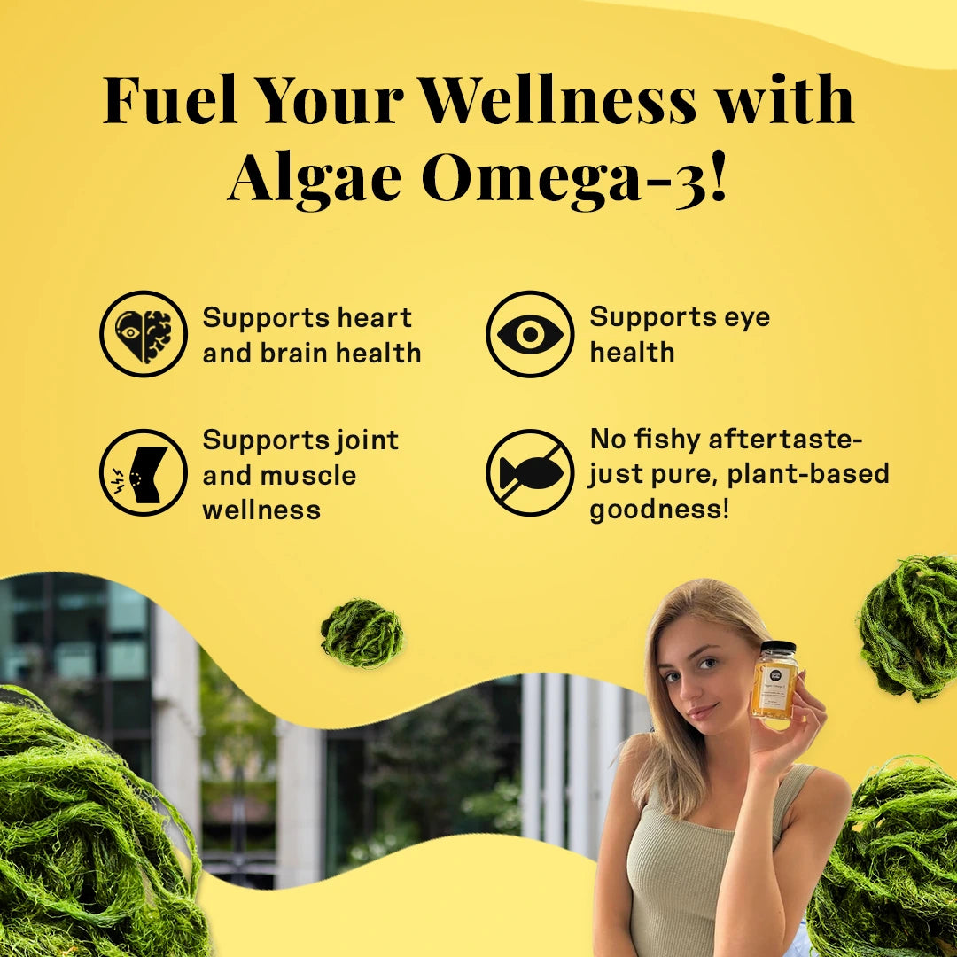 Woman in a beige tank top holding Earth & Elle Vegan Omega 3 supplement bottle in an outdoor setting with floating marine algae graphics. The yellow background lists four benefits: heart & brain health, eye health, joint & muscle wellness, and no fishy aftertaste.