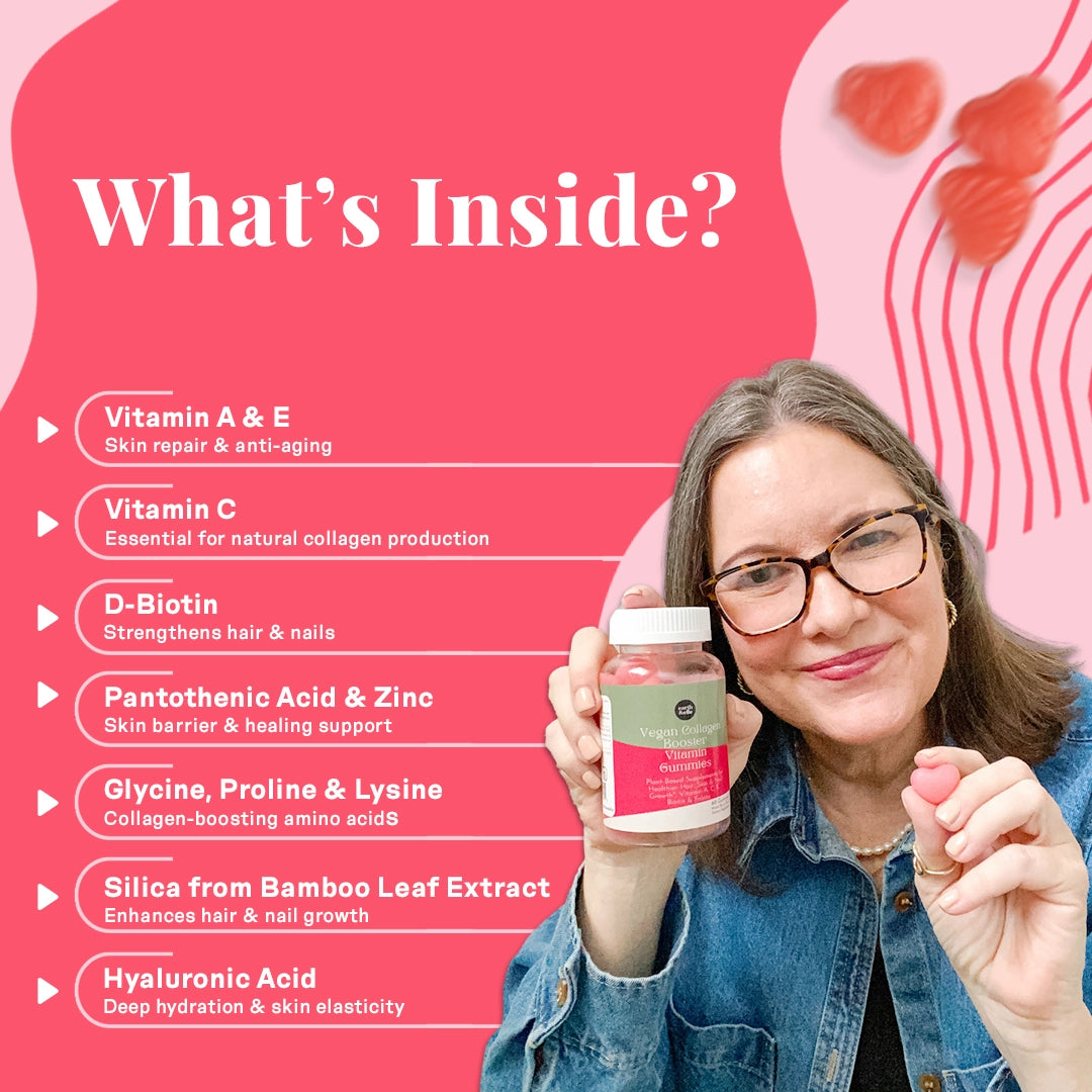 Smiling woman holding a bottle of vegan collagen booster gummies with ingredient benefits listed including Vitamin A, E, C, Biotin, and Hyaluronic Acid; promotes skin health, hair growth, and hydration with plant-based collagen support