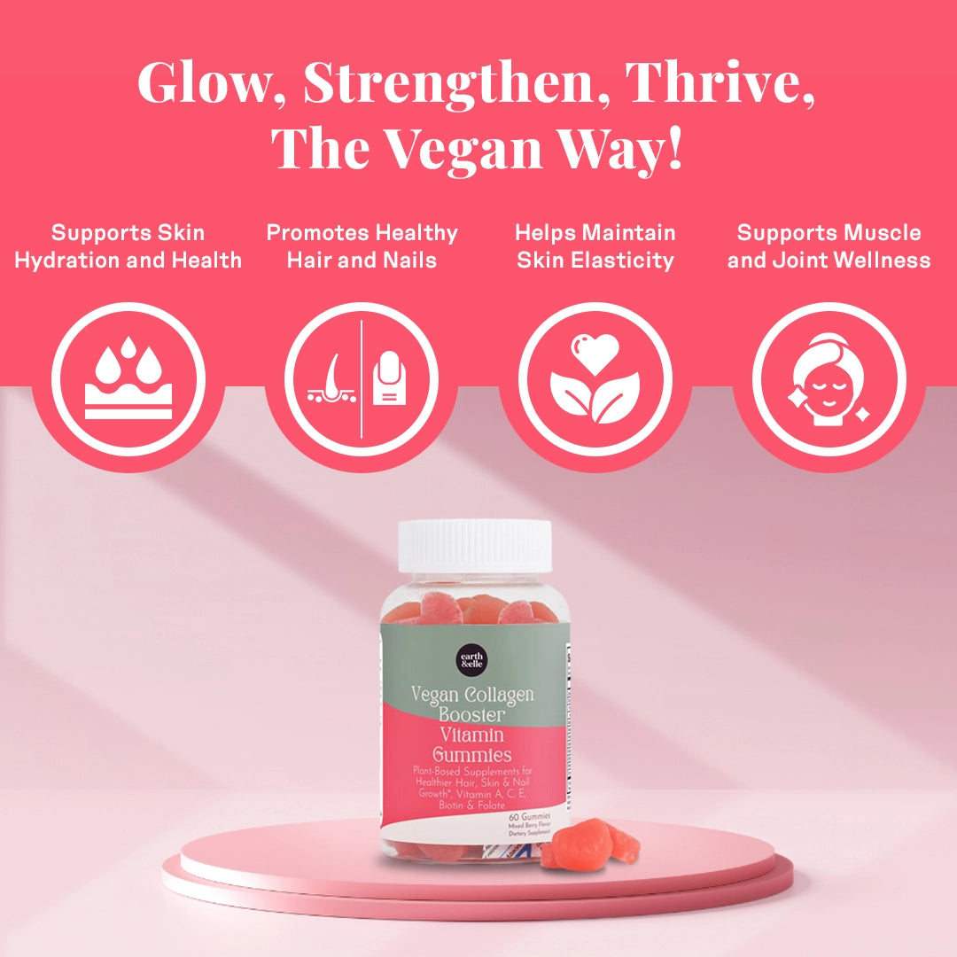 Bottle of vegan collagen booster gummies placed on a pink platform, highlighting key benefits like improved skin hydration, healthy hair and nails, elasticity, and joint wellness from plant-based collagen gummies.