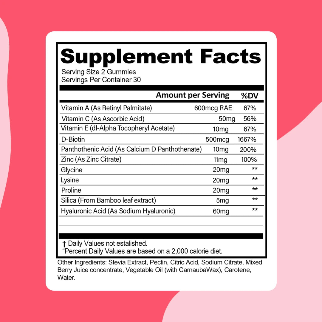 Supplement facts label for plant-based collagen gummies, detailing ingredients like biotin, hyaluronic acid, and vitamins A, C, and E.