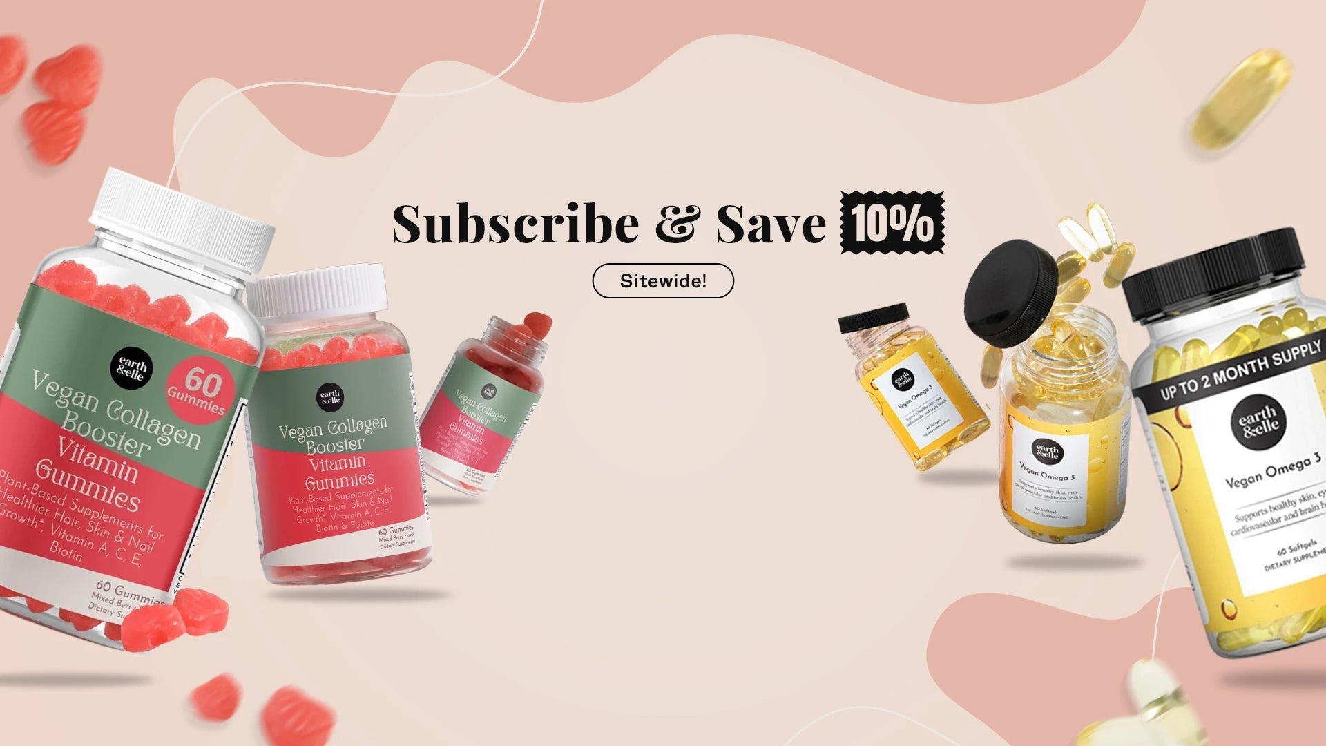 Flat lay of Earth & Elle vegan health supplements, including Vegan Collagen Booster Vitamin Gummies and Vegan Omega 3 capsules, set against a soft, modern background. These plant-based supplements are formulated to enhance hair, skin, and nail health, while supporting overall wellness with clean, cruelty-free ingredients.