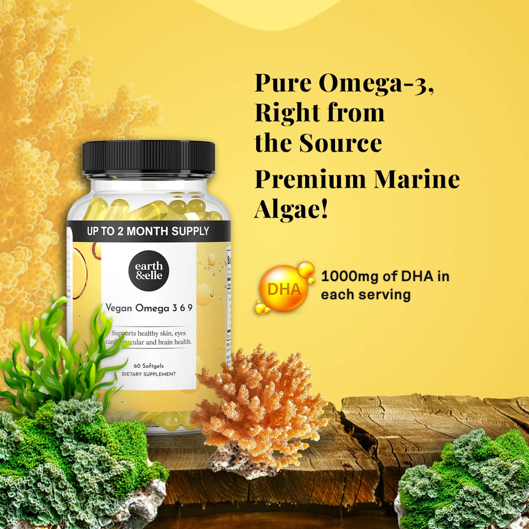 Earth & Elle Vegan Omega 3 softgels bottle placed on a wooden surface, surrounded by vibrant marine algae and coral visuals. 
Bold text on the right reads, “Pure Omega-3, Right from the Source – Premium Marine Algae!” with a callout for “1000mg of DHA in each serving.”