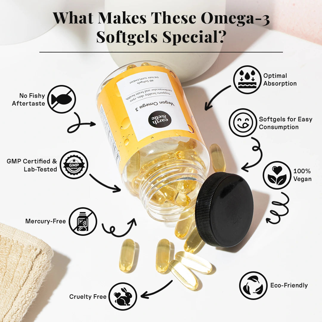 An open bottle of Earth & Elle Vegan Omega-3 softgels with capsules scattered around, displayed with icons and text outlining product features. Benefits include no fishy aftertaste, mercury-free, cruelty-free, eco-friendly, 100% vegan, GMP certified, and optimal absorption. Designed for health-conscious individuals seeking a clean, plant-based omega-3 source that’s easy to consume and free of harmful contaminants.