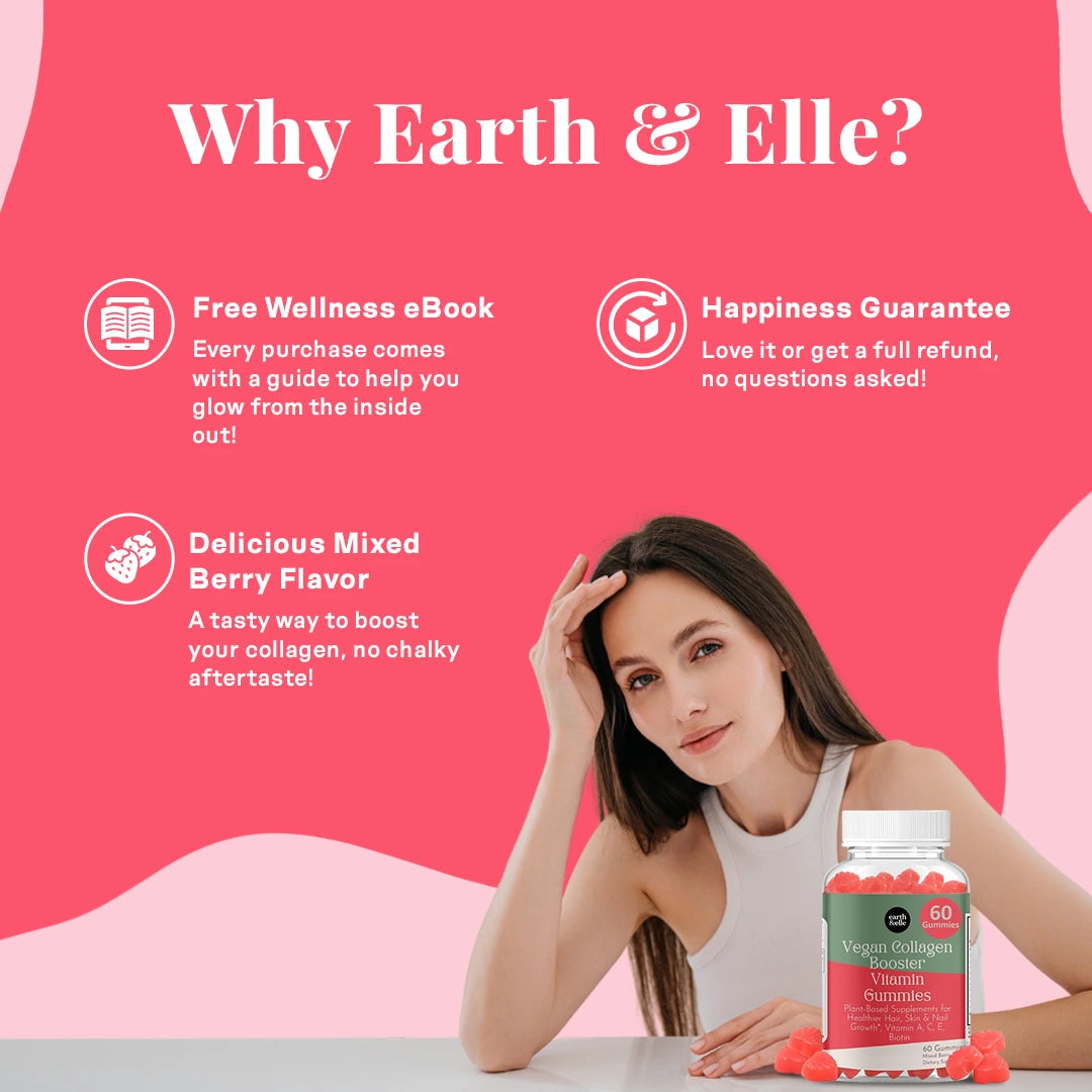 Earth & Elle vegan collagen booster benefits including mixed berry flavor, wellness ebook, and money-back happiness guarantee.
