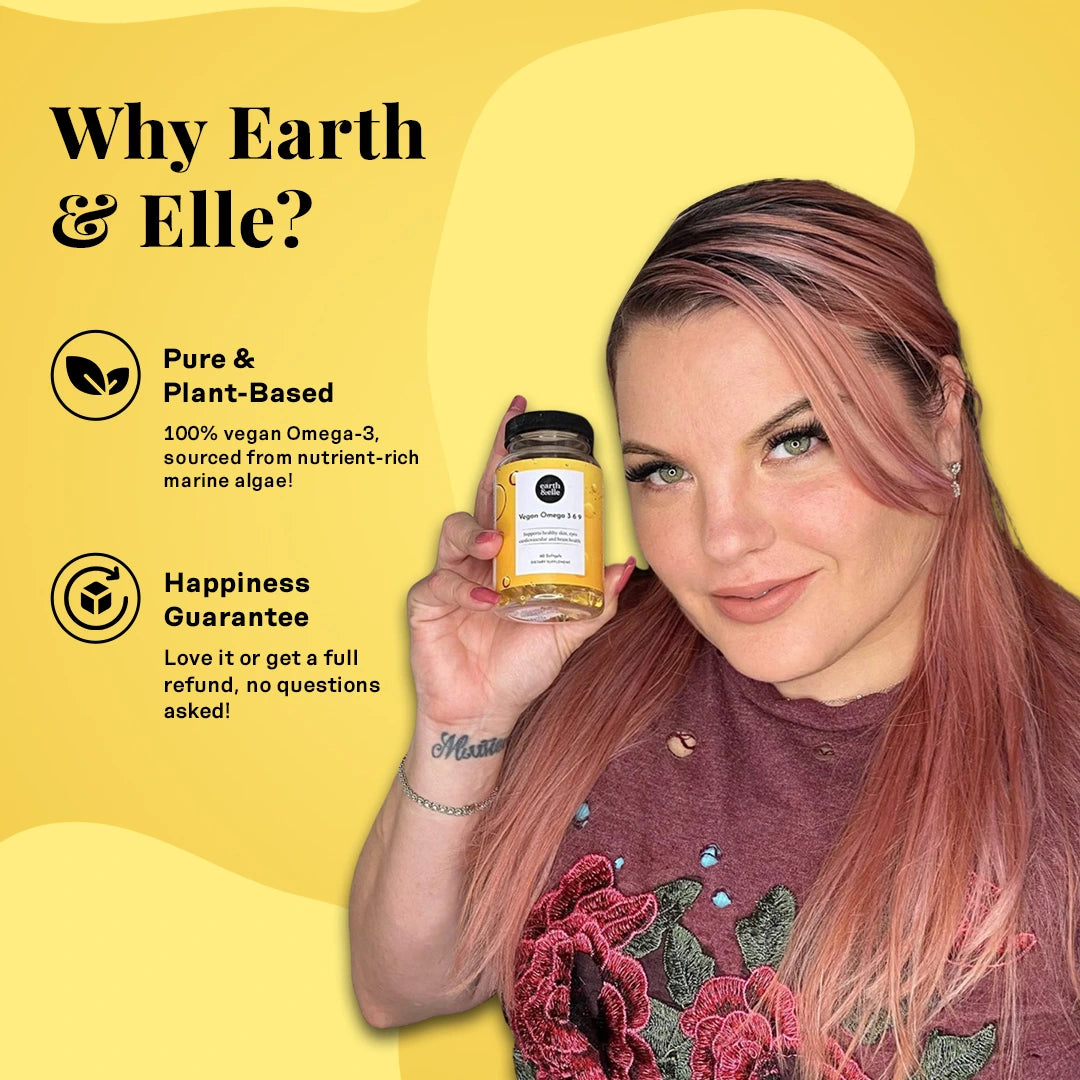 Woman with pink hair holding a bottle of Earth & Elle Vegan Omega 3 6 9 softgels, smiling against a yellow background. Text highlights the brand's commitment to 100% vegan Omega-3 from marine algae and offers a full refund guarantee.