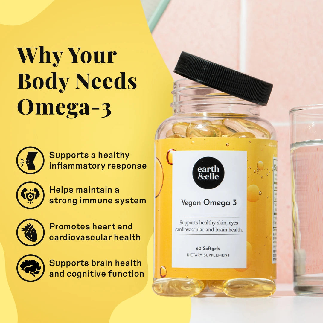A clear plastic bottle of Earth & Elle Vegan Omega-3 softgels placed beside a glass of water, set against a pastel background. The label highlights support for healthy skin, eyes, cardiovascular and brain health. The yellow-themed graphic text on the left explains key benefits of omega-3s including a healthy inflammatory response, strong immune system, improved heart health, and cognitive support. Ideal for consumers looking for plant-based omega-3 supplements for holistic wellness.