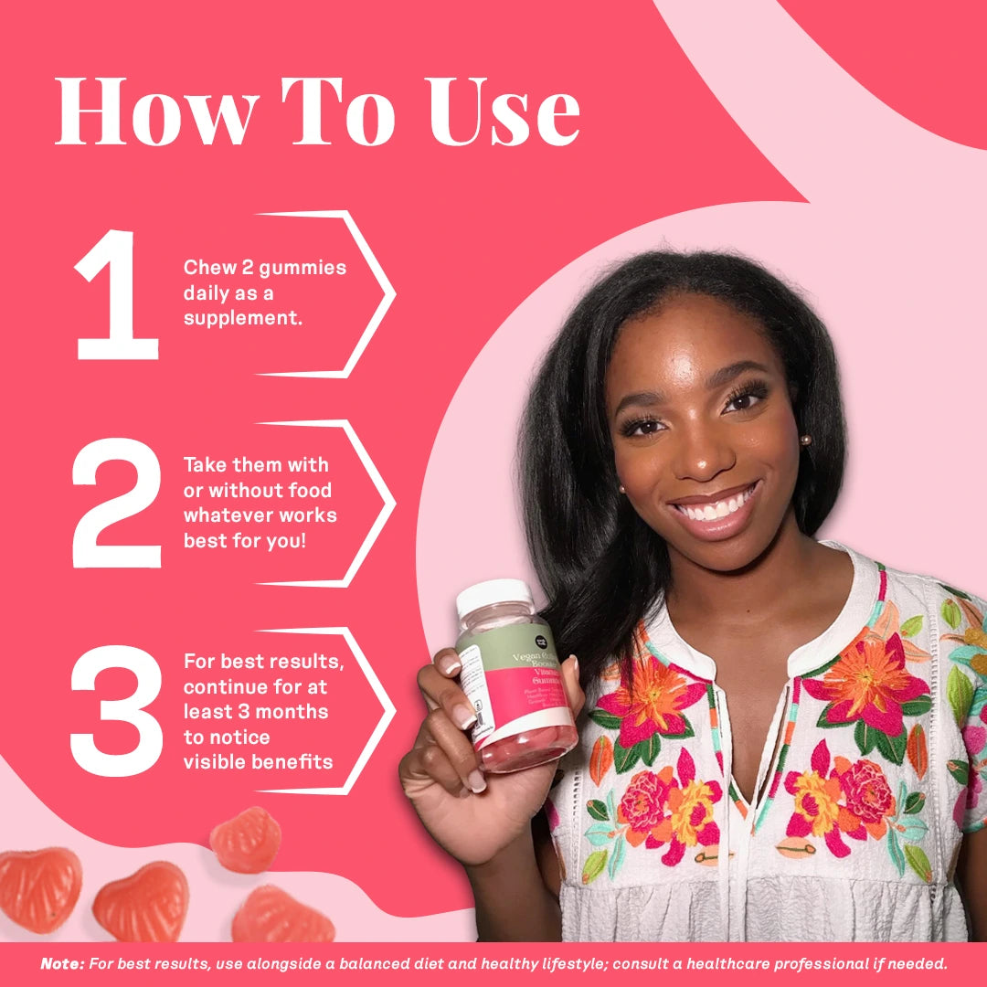 Woman smiling and holding a bottle of Earth & Elle Vegan Collagen Booster Gummies, next to step-by-step instructions: 1) Chew 2 gummies daily as a supplement, 2) Take them with or without food, 3) Continue for at least 3 months for visible results.