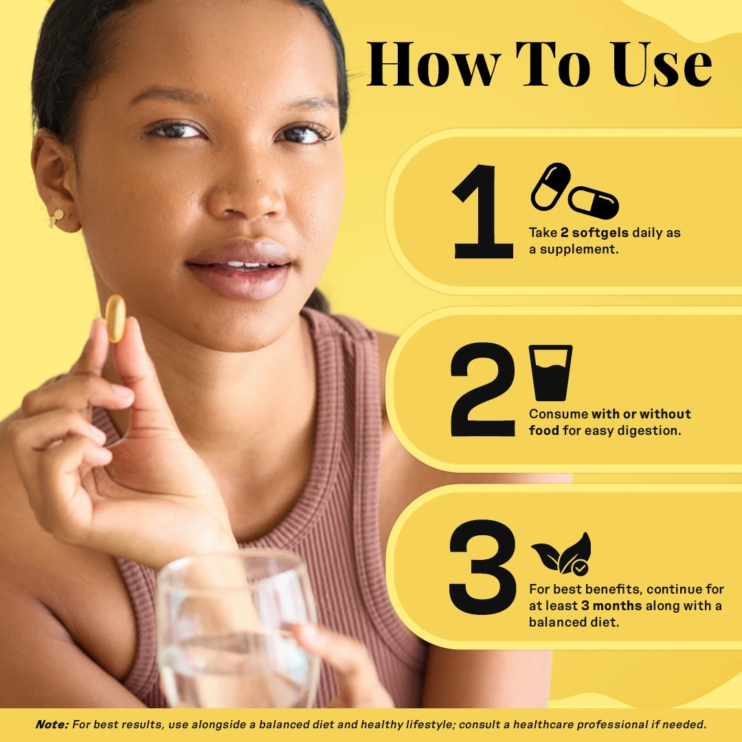 A young woman holding a softgel capsule in one hand and a glass of water in the other, set against a bright yellow background. Text beside her outlines how to use the supplement: take 2 softgels daily, consume with or without food, and continue for at least 3 months for best results. Ideal for marketing vegan or plant-based omega-3 supplements with simple, clear usage instructions for everyday wellness routines.