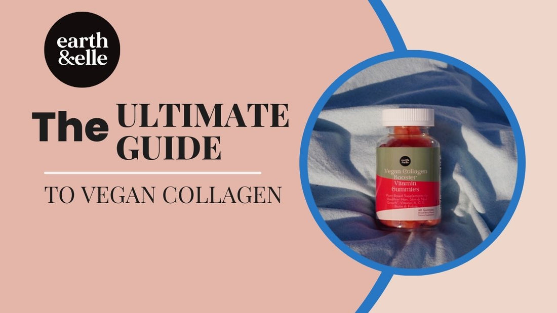 Earth & Elle Vegan Collagen Booster Gummies for women displayed on soft blue fabric, highlighting 7 collagen benefits such as gut health, skin glow, and lean muscle support — plant-based supplement with vitamins C, A, and biotin for beauty and wellness.