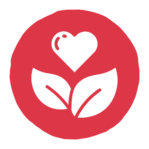 A red square featuring a heart surrounded by green leaves, symbolizing love and nature.