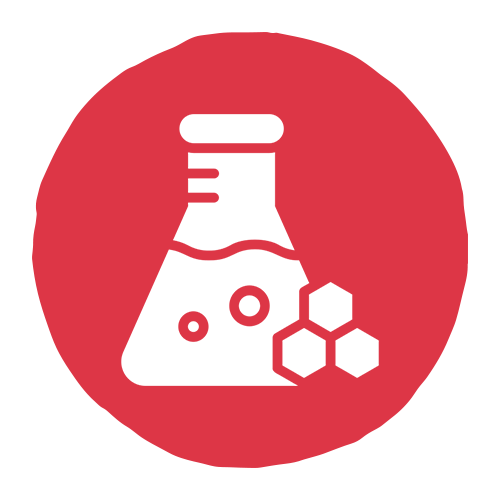 Red and white icon featuring a flask and a beaker, symbolizing scientific experimentation and laboratory work.