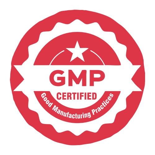 GMP certified logo displayed prominently on a red background.