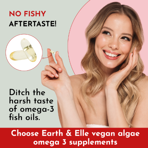 Women holding vegan omega 3 capsule, choose earthandelle