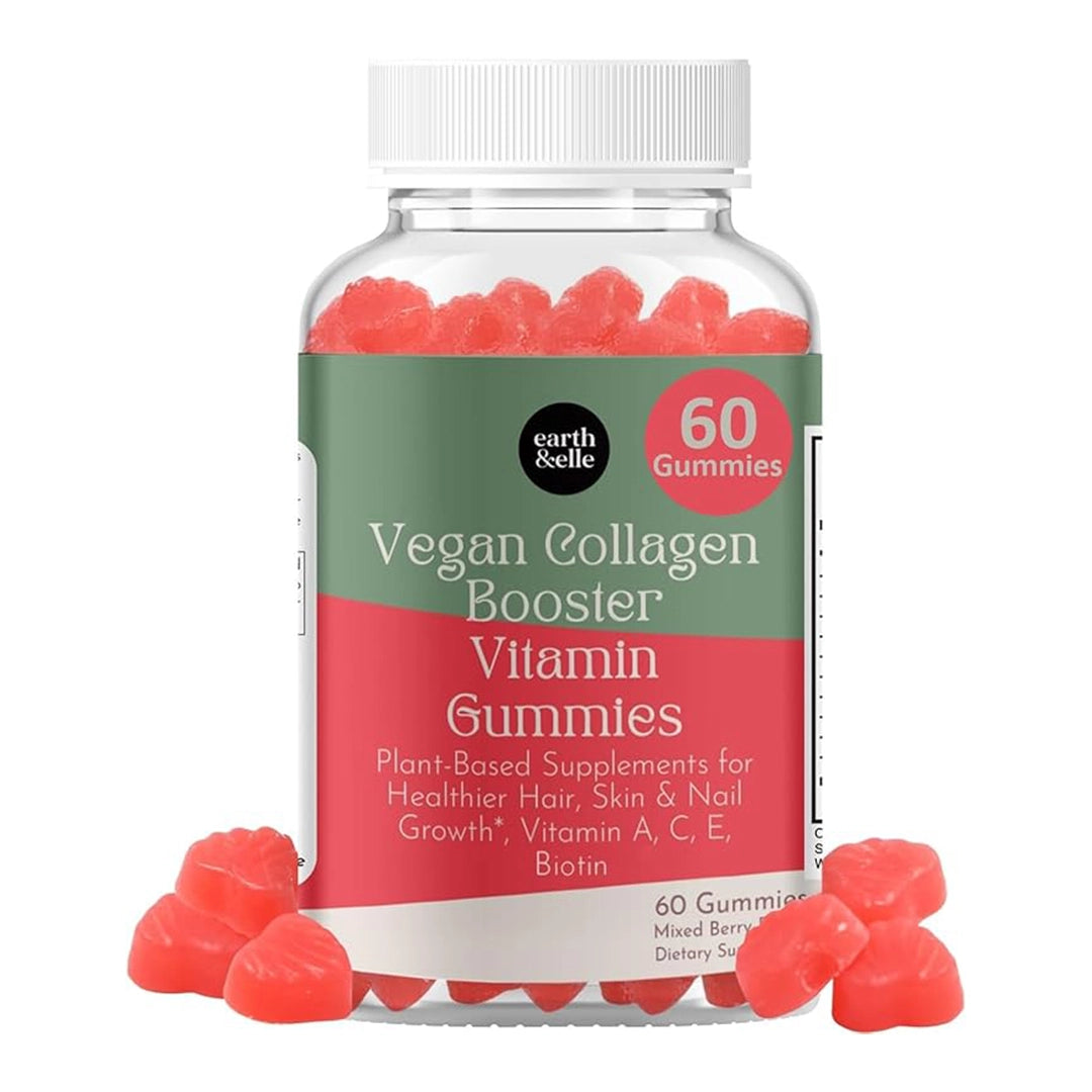 Close-up of Earth & Elle vegan collagen booster vitamin gummies in a clear bottle with red berry-shaped plant-based collagen gummies for hair, skin, and nail health.
