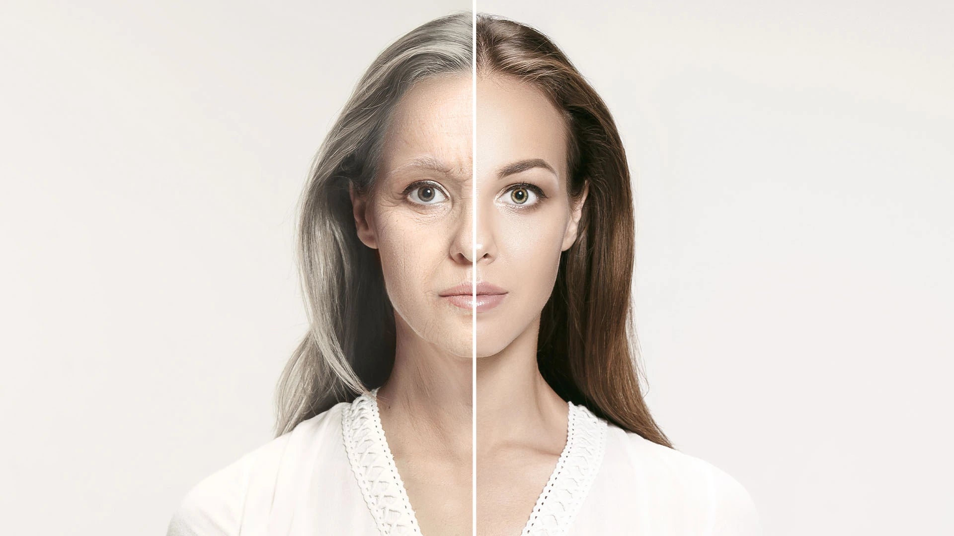 Split image of a woman’s face showing aging on the left side with gray hair and wrinkles, and a youthful appearance on the right side with smooth skin and brown hair, illustrating the concept of anti-aging.